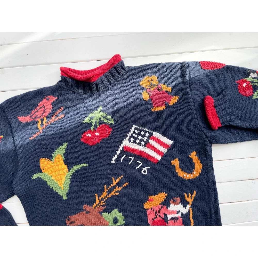 vtg Heirlooms navy blue turtleneck Americana farm country hand knit sweater‎